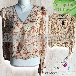 Express NEW -Sz M - cropped ruffled mock wrap shirt - balloon sleeves - see thru